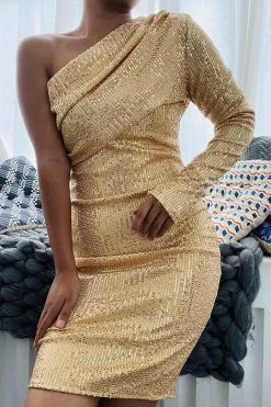 Sequined Sparkly One Shoulder Midi Dress -Clothing-PrettyTina H22083040 GO 1 a129959d 595d 41a9 abd1 820d1ad194a6