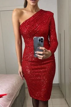 Sequined Sparkly One Shoulder Midi Dress