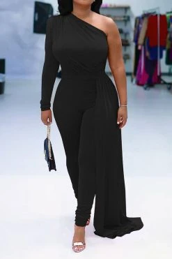 Solid Color One Shoulder Party Ribbons Irregular Jumpsuit -Clothing-PrettyTina H22083095 BK 1 2753f9ed f813 4dca 8055 f518a8ba9644