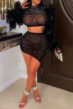 Rhinestone Striking Feather Sleeve Irregular Dress Suit -Clothing-PrettyTina H22090621 BK 1 84413f93 6164 4020 8a36 e6976736dedb