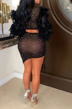 Rhinestone Striking Feather Sleeve Irregular Dress Suit -Clothing-PrettyTina H22090621 BK 2