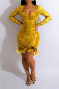 Sequined Luxe Feather Hem Mini Dress -Clothing-PrettyTina H22092267 YE 1