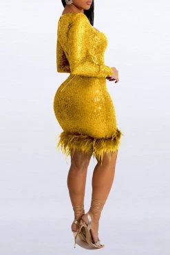 Sequined Luxe Feather Hem Mini Dress -Clothing-PrettyTina H22092267 YE 2