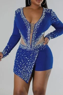 Beaded & Rhinestone Decor Luxe Irregular Romper -Clothing-PrettyTina H22092996 BL 4