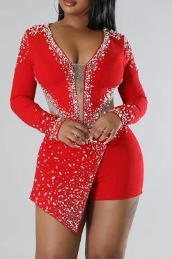 Beaded & Rhinestone Decor Luxe Irregular Romper -Clothing-PrettyTina H22092996 RE 3