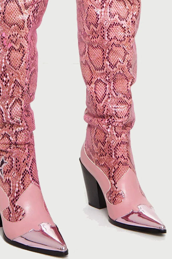 Pink Snake Print Patchwork Modern Boots 2 Pink Snake Print Patchwork Modern Boots - Image 2