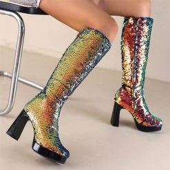 Sequined Glistening Platform Boots -Clothing-PrettyTina H22100930 GO 3
