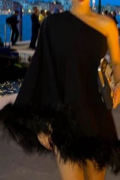 Fuzzy Trim One Shoulder Unique Cape Mini Dress -Clothing-PrettyTina H22101881 BK 1