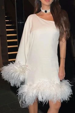 Fuzzy Trim One Shoulder Unique Cape Mini Dress -Clothing-PrettyTina H22101881 WH 3