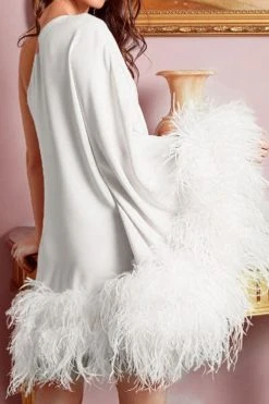 Fuzzy Trim One Shoulder Unique Cape Mini Dress -Clothing-PrettyTina H22101881 WH 4