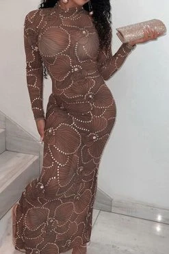 Rhinestone Trim Flower Print Funky See-Through Maxi Dress -Clothing-PrettyTina H22101884 BR 3