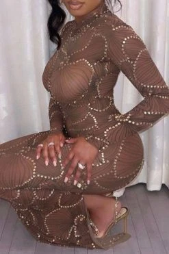 Rhinestone Trim Flower Print Funky See-Through Maxi Dress -Clothing-PrettyTina H22101884 BR 5