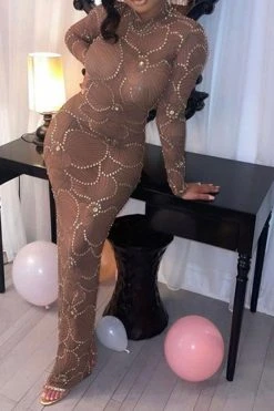 Rhinestone Trim Flower Print Funky See-Through Maxi Dress -Clothing-PrettyTina H22101884 BR 6