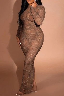 Rhinestone Trim Flower Print Funky See-Through Maxi Dress -Clothing-PrettyTina H22101884 BR 8