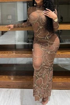 Rhinestone Trim Flower Print Funky See-Through Maxi Dress -Clothing-PrettyTina H22101884 BR 9