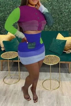 Color Block Cute Knitted Dress Suit -Clothing-PrettyTina H22101939 PU 1