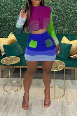 Color Block Cute Knitted Dress Suit -Clothing-PrettyTina H22101939 PU 2