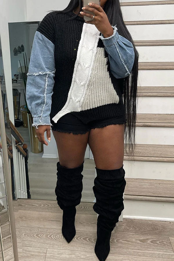 Denim Patchwork Unique Hit Color Sweater 6 Denim Patchwork Unique Hit Color Sweater - Image 6