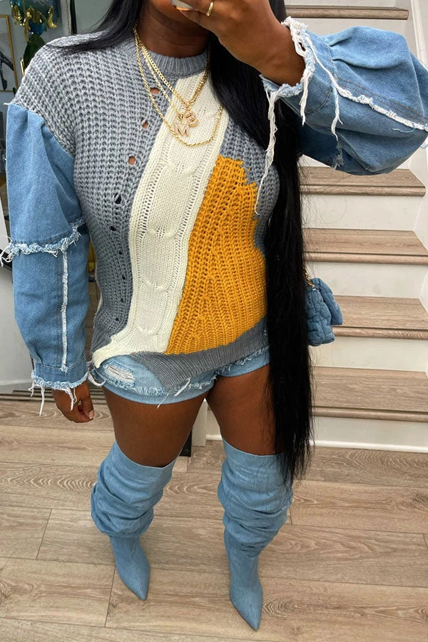 Denim Patchwork Unique Hit Color Sweater 1 Denim Patchwork Unique Hit Color Sweater