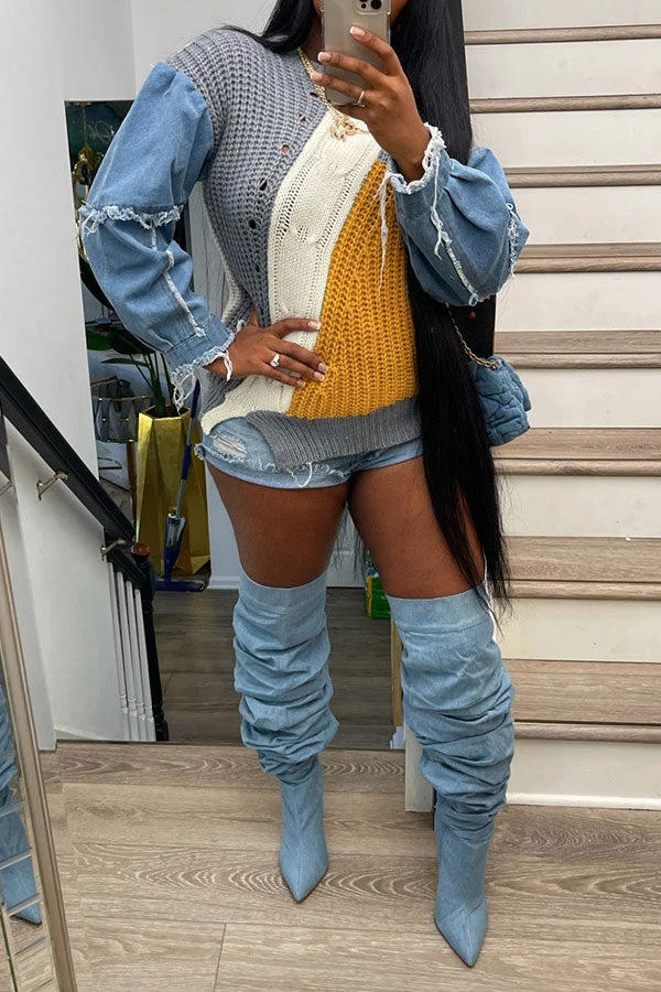 Denim Patchwork Unique Hit Color Sweater 4 Denim Patchwork Unique Hit Color Sweater - Image 4