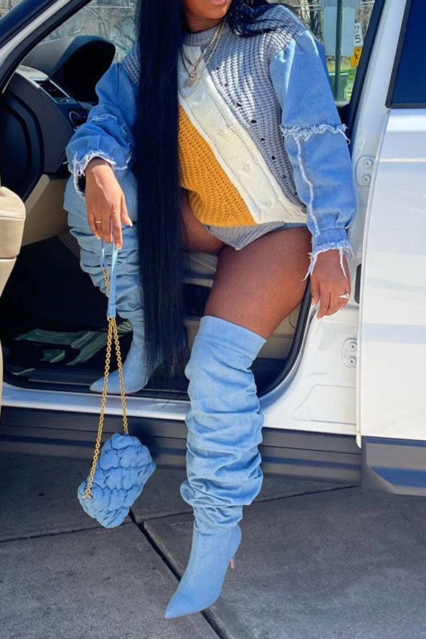 Denim Patchwork Unique Hit Color Sweater 5 Denim Patchwork Unique Hit Color Sweater - Image 5