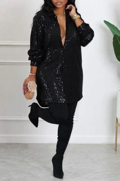 Sequined On-trend Single Breasted Mini Dress -Clothing-PrettyTina H22110346 BK 1