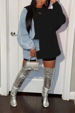 Denim Patchwork Undeniable Mini Dress -Clothing-PrettyTina H22110347 BK 1