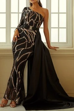 Sequined Luxe One Shoulder Trailing Maxi Dress -Clothing-PrettyTina H22111118 BK 3