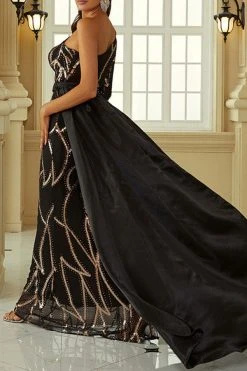 Sequined Luxe One Shoulder Trailing Maxi Dress -Clothing-PrettyTina H22111118 BK 5