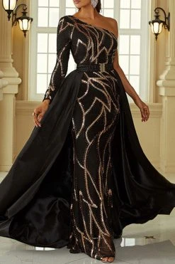 Sequined Luxe One Shoulder Trailing Maxi Dress -Clothing-PrettyTina H22111118 BK 6