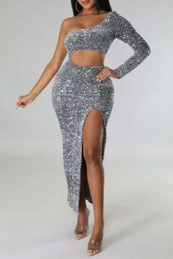 Sequined Flattering Cutout Waist High Split Midi Dress