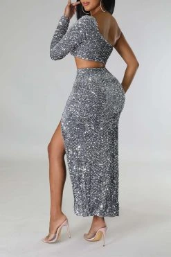 Sequined Flattering Cutout Waist High Split Midi Dress -Clothing-PrettyTina H22112227 AS 4