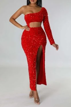 Sequined Flattering Cutout Waist High Split Midi Dress -Clothing-PrettyTina H22112227 RE 3