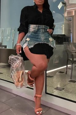 Denim Combo Stylish Mini Dress Two Piece -Clothing-PrettyTina H22120560 BK 1