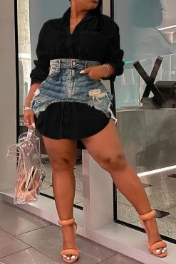 Denim Combo Stylish Mini Dress Two Piece -Clothing-PrettyTina H22120560 BK 2