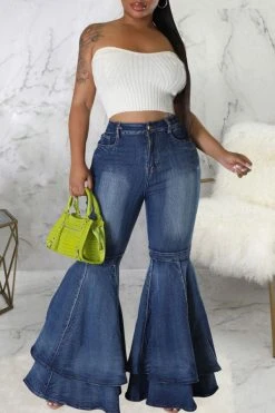 Solid Color Pretty Layered Bell Bottoms Jeans -Clothing-PrettyTina H22120582 BL 3