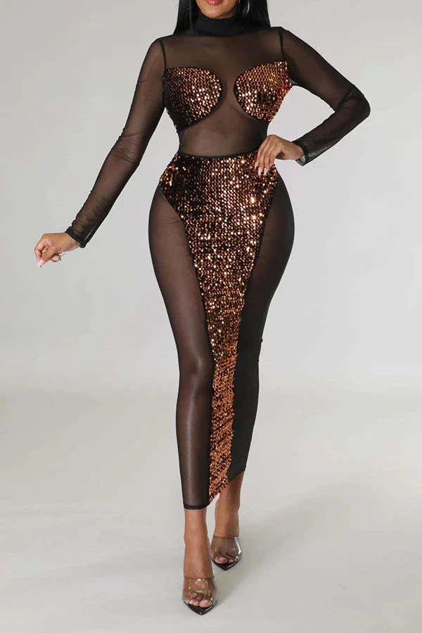 Sequined Patchwork Kitsch See-Through Midi Dress 1 Sequined Patchwork Kitsch See-Through Midi Dress