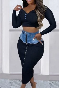 Denim Patchwork On-trend Zipped Design Skirt -Clothing-PrettyTina H22122707 BK 4