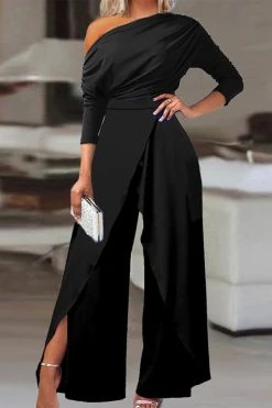 Solid Color Elegant Irregular Layered Split Jumpsuit
