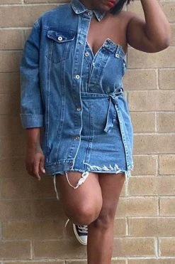 Solid Color Chic Asymmetric Lace-Up Denim Mini Dress -Clothing-PrettyTina H23020256 BL 3
