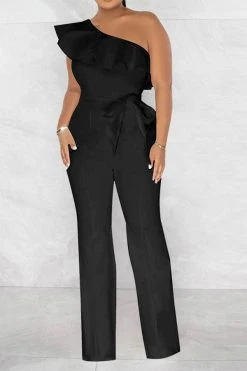 Solid Color Striking Ruffle Belted Jumpsuit -Clothing-PrettyTina H23021026 BK 1