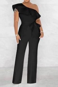 Solid Color Striking Ruffle Belted Jumpsuit -Clothing-PrettyTina H23021026 BK 2
