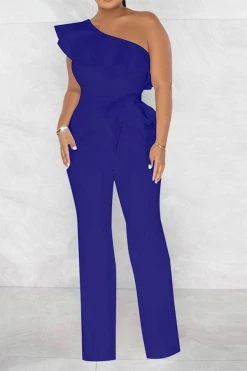 Solid Color Striking Ruffle Belted Jumpsuit -Clothing-PrettyTina H23021026 BL 1