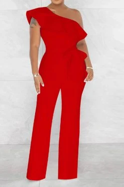 Solid Color Striking Ruffle Belted Jumpsuit -Clothing-PrettyTina H23021026 RE 1