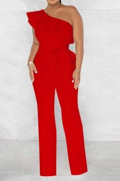 Solid Color Striking Ruffle Belted Jumpsuit -Clothing-PrettyTina H23021026 RE 3