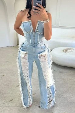 Rivet Decor Undeniable Ripped Burrs Denim Jumpsuit -Clothing-PrettyTina H23021626 BL 3