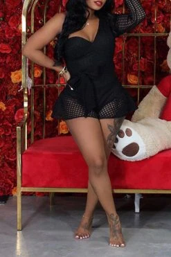 Solid Color Hollow-Out Girly Ruffle Belted Romper -Clothing-PrettyTina H23021629 BK 2