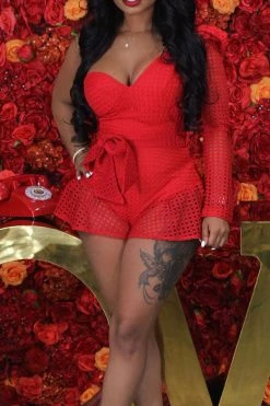 Solid Color Hollow-Out Girly Ruffle Belted Romper -Clothing-PrettyTina H23021629 RE 3