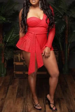 Solid Color Hollow-Out Girly Ruffle Belted Romper -Clothing-PrettyTina H23021629 RE 4