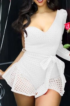 Solid Color Hollow-Out Girly Ruffle Belted Romper -Clothing-PrettyTina H23021629 WH 1